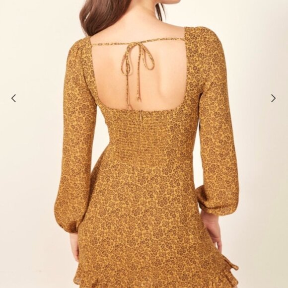 (SOLD) Reformation Floral Brown / Gold Long sleeve mini dress (US 2) - Picture 3 of 9
